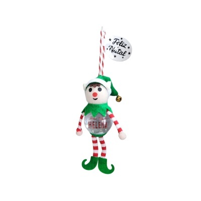 Boneco decorativo de Natal com chapéu verde e riscas vermelhas e brancas