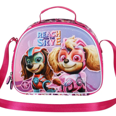 Bolsa infantil rosa com personagens caninos e frase REACH FOR THE SKY