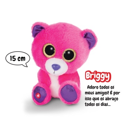 Peluche urso rosa com olhos grandes e detalhes roxos e dourados, texto em português.