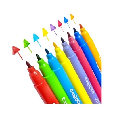 Canetas de feltro coloridas da marca CARIOCA com ponta triangular e setas desenhadas.