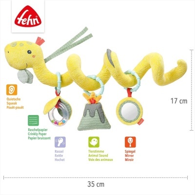 Brinquedo serpente amarela de tecido com acessórios variados e logo FEHN