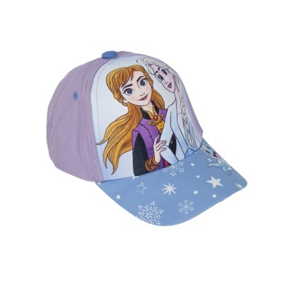Boné infantil lilás e azul com personagens Disney Ana e Elsa e flocos de neve.