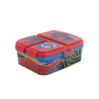 Caixa para comida com design do Homem-Aranha em plástico vermelho e azul com imagens do personagem e padrão de teia