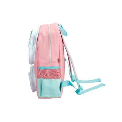 Mochila rosa e azul claro com bolso lateral em rede cor-de-rosa