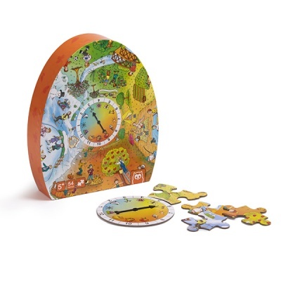 Quebra-cabeças infantil colorido com relógio didático e peças soltas