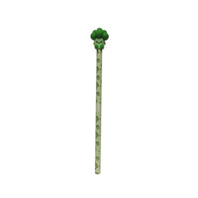 Lápis verde com topo em forma de brócolo sorridente