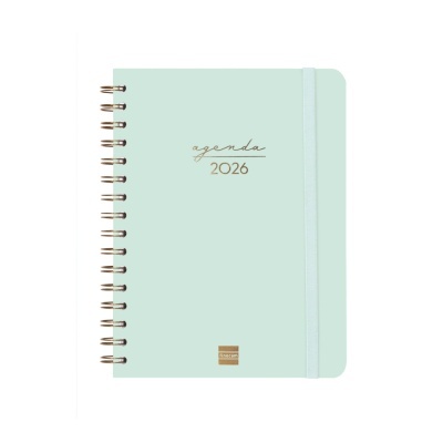 Agenda 2026 verde-água com elástico e argolas metálicas douradas