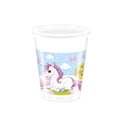 Copo descartável com ilustração de unicórnio e elementos naturais