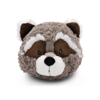 Pelúcia rondada em forma de rosto de guaxinim cinzento, branco e castanho