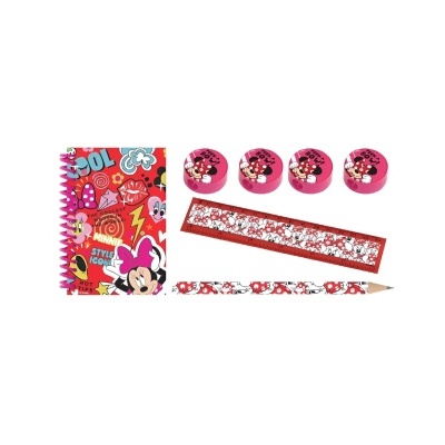 Conjunto de papelaria da Minnie com caderno, apontadores, régua e lápis