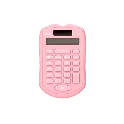 Calculadora rosa com visor e botões quadrados de plástico