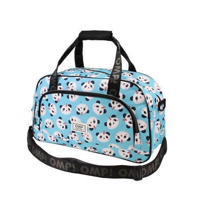 Mala azul com padrão de pandas, alças pretas e texto OMP!
