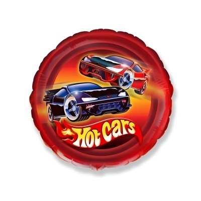 Balão vermelho com imagem de dois carros desportivos e texto Hot Cars