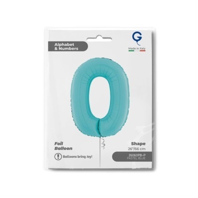 Balão azul pastel em forma de número 0 na embalagem branca