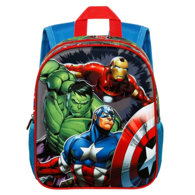 Mochila infantil azul e vermelha com imagem dos Avengers.