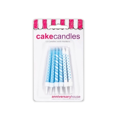 Pack de 12 velas para bolo azul e branco com padrões, em embalagem com cartão branco e rosa