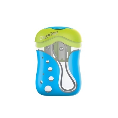 Afiador de lápis COLOR'PEPS azul e verde com bolhas brancas e lâminas visíveis