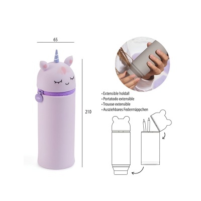Estojo lilás com tampa de unicórnio e bolso extensível para canetas