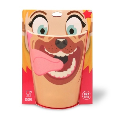 Copo reutilizável 250ml com design de rosto canino em embalagem colorida