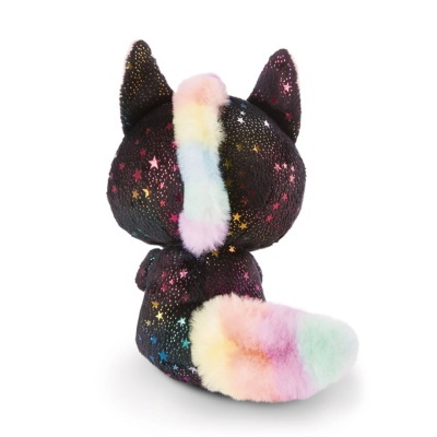 Boneco de pelúcia preto com estrelas coloridas e cauda multicolorida