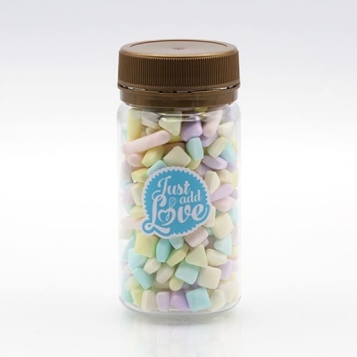 Frasco transparente com marshmallows coloridos e tampa castanha
