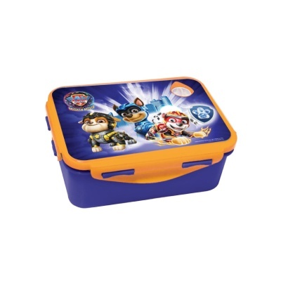 Marmita de plástico azul com tampa decorada com personagens da Paw Patrol