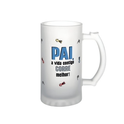 Caneca de vidro fosco com texto e ilustrações de carros de corrida.