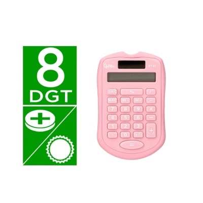 Calculadora rosa com visor digital e botões ao lado de faixa verde com texto 8 DGT