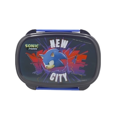 Lancheira azul com imagem do personagem Sonic e texto promocional.