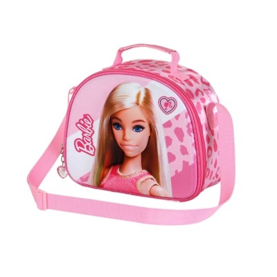 Mala infantil de ombro Barbie cor de rosa com estampa de corações e imagem de Barbie