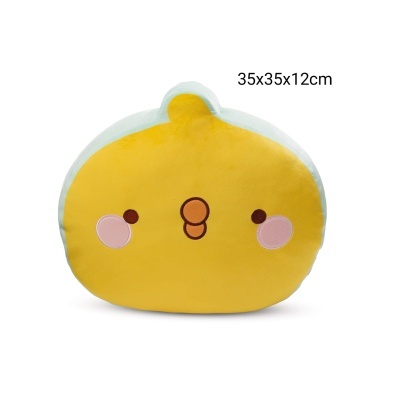 Almofada amarela com rosto sorridente e bochechas cor-de-rosa
