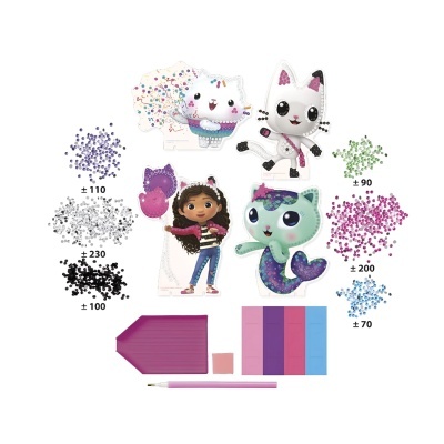 Conjunto de artesanato com desenhos de gatos e menina, pedras coloridas para decoração, lápis e bloco de papel.