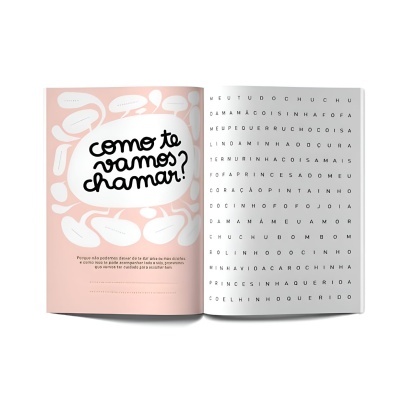Livro aberto com título 'como te vamos chamar?' e caça-palavras em página oposta