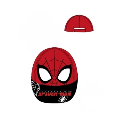 Boné vermelho e preto com padrão Spider-Man e texto SPIDER-MAN