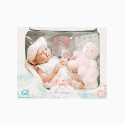 Conjunto de brinquedo de boneca com acessórios em caixa branca e azul claro