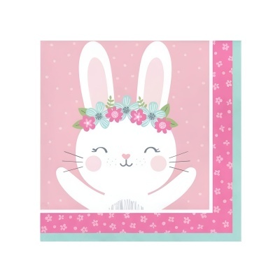 Guardanapo de papel rosa com desenho de coelho branco com coroa floral