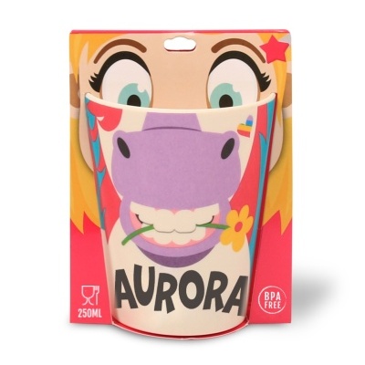 Copo de plástico decorado com rosto de hipopótamo em embalagem colorida