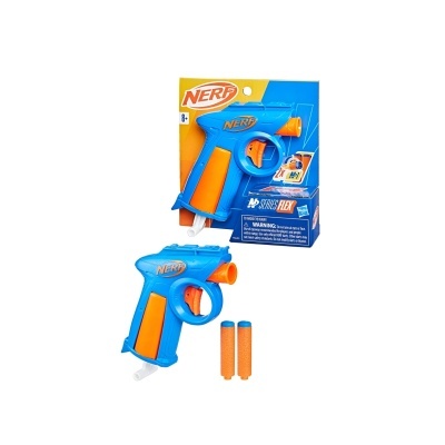 Pistola Nerf azul e laranja com duas setas de espuma, em embalagem de cartão azul e laranja