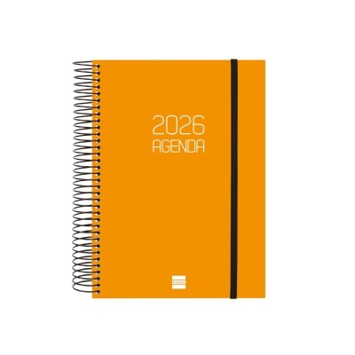 Agenda 2026 de capa dura laranja com texto branco e elástico preto