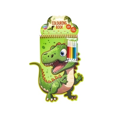 Livro para colorir dinossauro verde com lápis de cor na embalagem