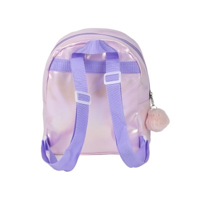 Mochila pequena rosa cintilante com alças lilás e pompom peludo