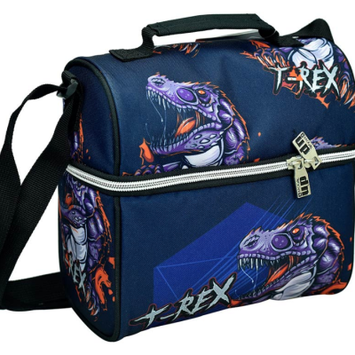 Saco térmico azul escuro com estampa de dinossauro T-Rex roxo e branco