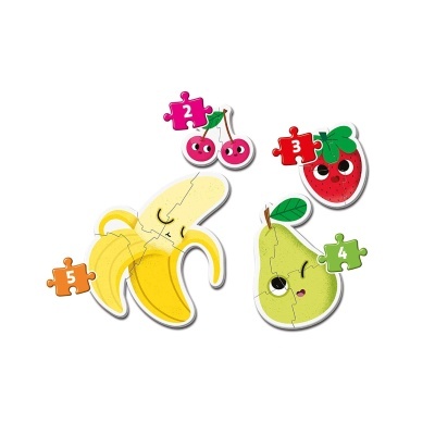 Puzzles de frutas com peças numeradas em fundo branco.