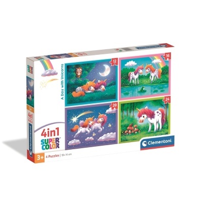 Caixa de puzzles Clementoni com imagens de unicórnios coloridos em vários cenários