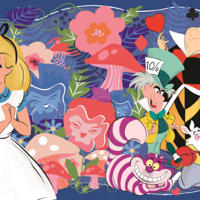 Ilustração colorida de personagens do Alice no País das Maravilhas com fundo de flores e cogumelos