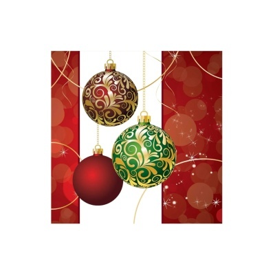 Três bolas de Natal decoradas penduradas com fundo vermelho festivo