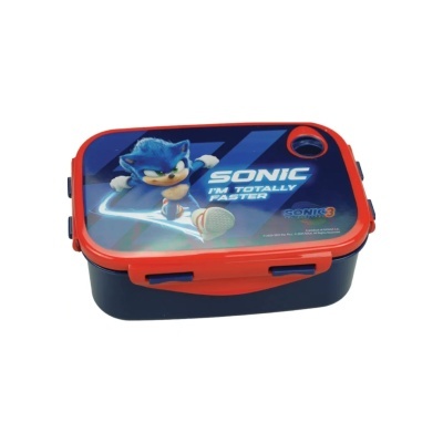 Marmita azul e vermelha com imagem do Sonic e texto promocional