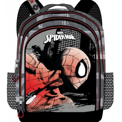 Mochila preta com imagem do Spiderman e texto MARVEL SPIDERMAN