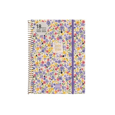 Agenda floral espiral 18 meses 2025-2026 com elástico roxo