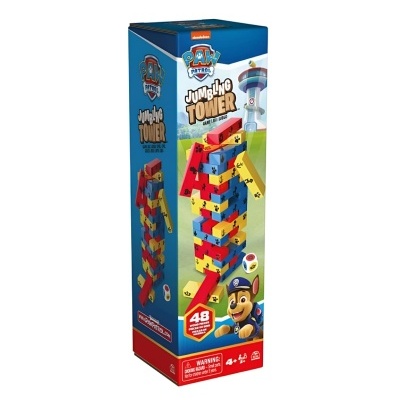 Embalagem de jogo torre de blocos empilháveis PAW PATROL com blocos coloridos e personagem cartoon.
